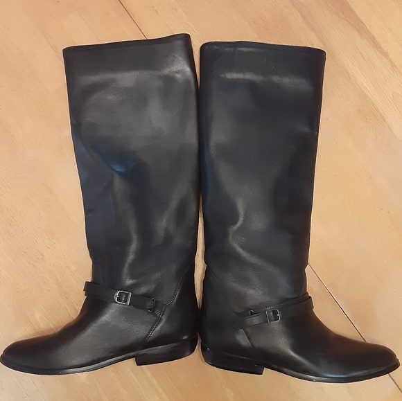 VINTAGE VIA MILANO BLACK KNEE HIGH 1" HEEL PULL ON LEATHER RIDING BOOTS WMS- 6B - Picture 4 of 15